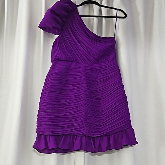 Express Purple One Puff Shoulder Rushed Ruffle Mini Dress. Sized L - Picture 5 of 11